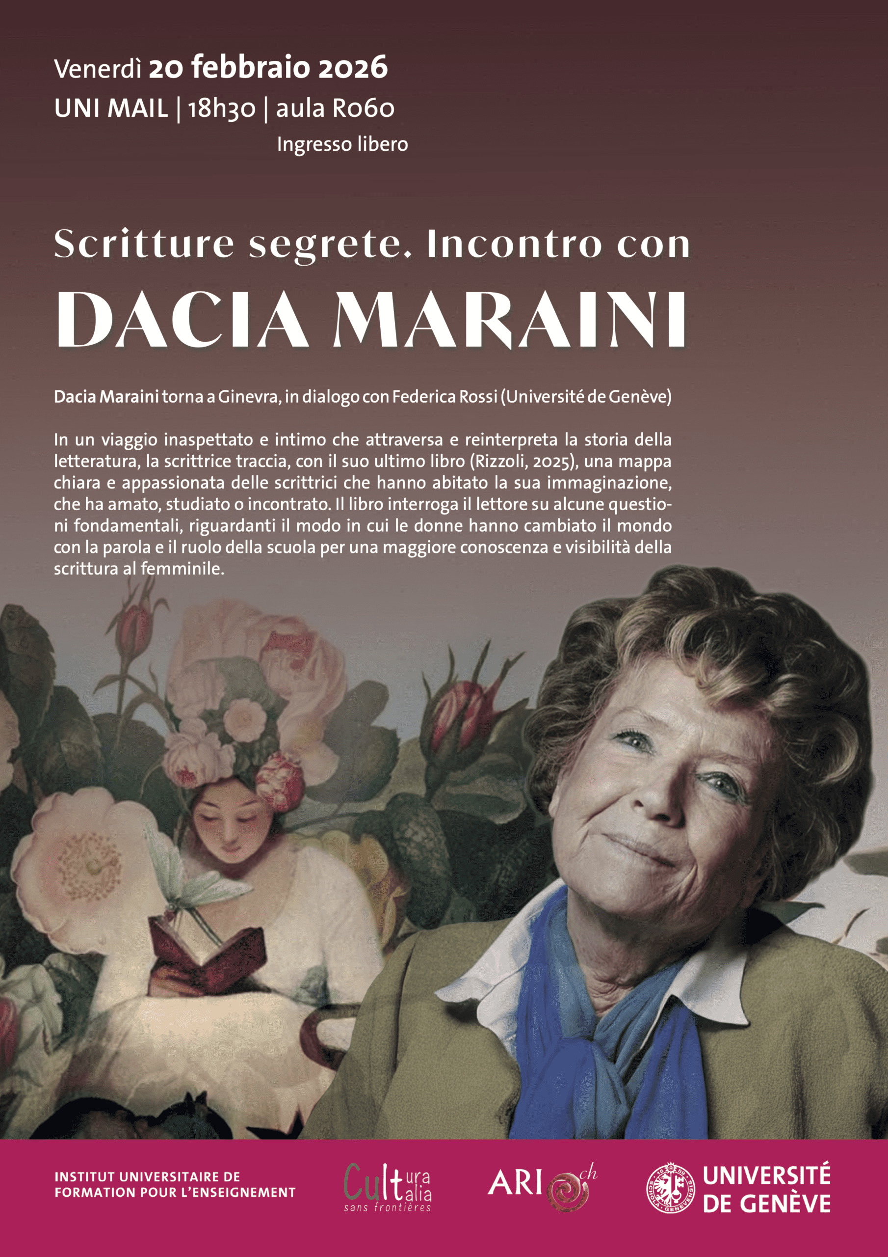20 feb 2026 18:30 | SCRITTURE SEGRETE - INCONTRO SPECIALE CON L’AUTRICE DACIA MARAINI
